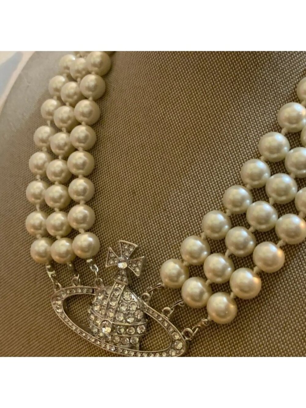 VW choker necklace triple Pearl orb silver collar saturn crystals